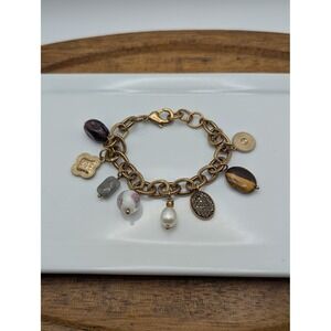 Unbranded Charm Bracelet Women OS Gold Mixed Stone Pearl Floral Boho Eclectic